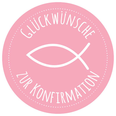 Sticker "Congratulations on your confirmation", pink, round, diameter 50 mm 