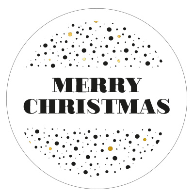 Autocollant "Merry Christmas", points noirs dorés, rond, diamètre 50 mm 