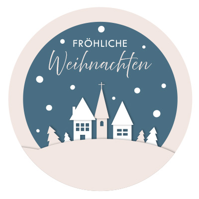 Aufkleber "Fröhliche Weihnachten", Häuser, rund, Durchmesser 50 mm 