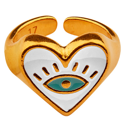 Finger ring motif heart with eye, adjustable, gold-plated, enamelled 