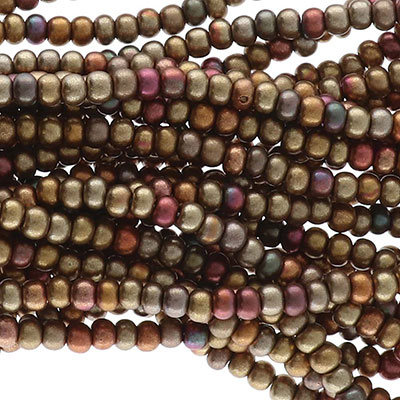 8/0 Preciosa Rocailles Perlen, Rund (ca. 3 mm), Farbe: Dark Gold Rainbow, Röhrchen mit ca. 22 Gramm 