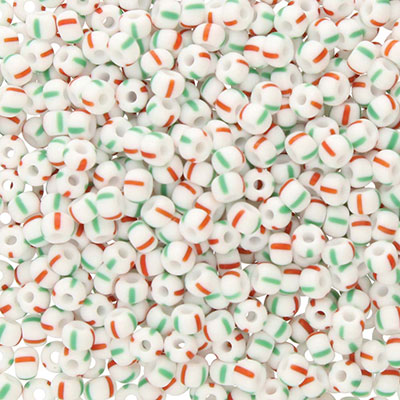 8/0 Preciosa Rocailles Perlen, Rund (ca. 3 mm), Farbe: Chalk With Red/Green Stripes, Röhrchen mit ca. 22 Gramm 