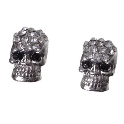 Metal bead skull with rhinestones, 2 pieces, silver coloured 