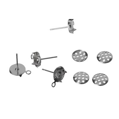 Ear studs with sieve plate, 4 pieces, silver-coloured 