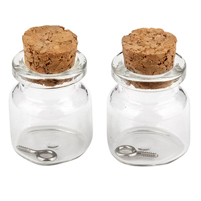 Mini glass bottles, 22 x 25 mm, triangle, with cork stopper and hanging loop, 2 pcs. 