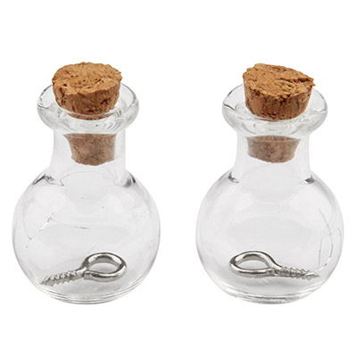 Mini Glasflaschen, 21 x 17 mm, mit Korkenverschluss und Aufhängeöse, 2 Stück 