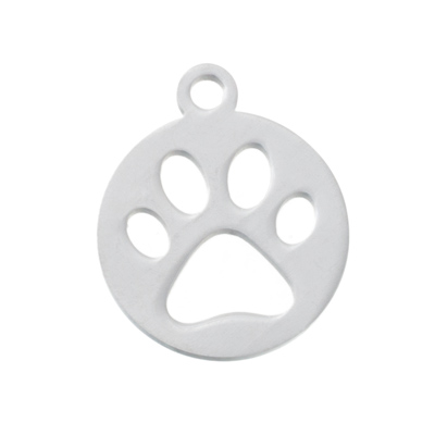 Stainless steel pendant, round with paw, diameter 12 mm, silver-coloured 