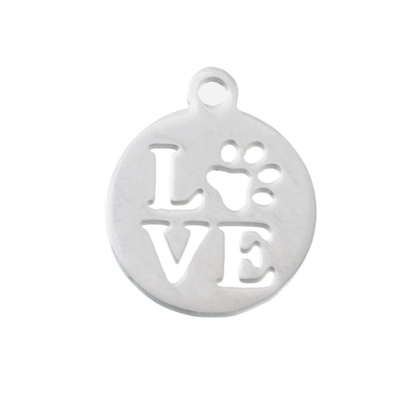 Pendentif en acier inoxydable, rond avec écriture "Love", diamètre 12 mm, argenté 
