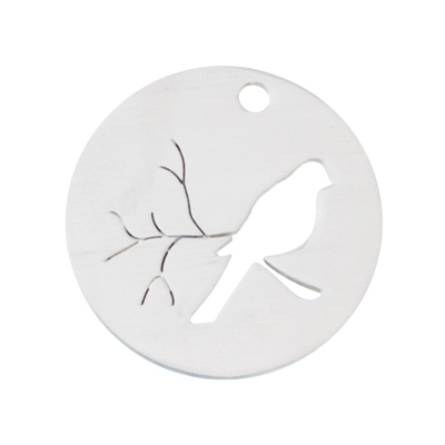 Stainless steel pendant, round with bird, diameter 20 mm, silver-coloured 