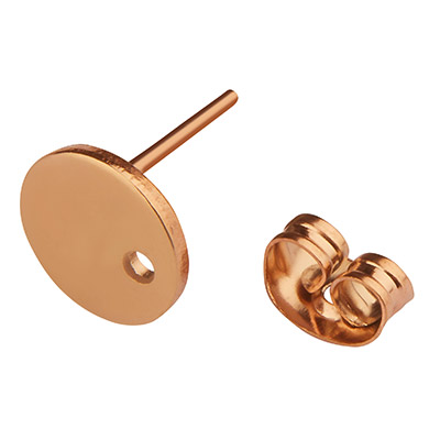 Stainless steel ear studs, round disc, rose gold-coloured, 8 x 1 mm, eyelet: 1.5 mm, plug: 0.8 mm 