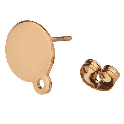 Stainless steel ear studs, round disc, rose gold coloured, 12.5 x 10 x 1 mm, eyelet: 1.5 mm, plug: 0.8 mm 