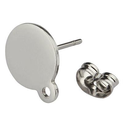 Stainless steel ear studs, round disc, silver-coloured, 12.5 x 10 x 1 mm, eyelet: 1.5 mm, plug: 0.8 mm 