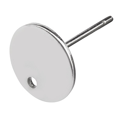 Stainless steel ear studs, round disc, silver-coloured, 10 x 0.8 mm, eyelet: 1.5 mm, plug: 0.8 mm 