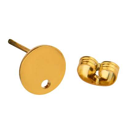 Stainless steel ear studs, round, gold-coloured, 8x1mm, eyelet 1.5mm, plug 0.8mm 