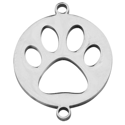 Stainless steel bracelet connector, disc with paw, silver-coloured, 20 x 16 x 1.5 mm, eyelet 1.5 mm 