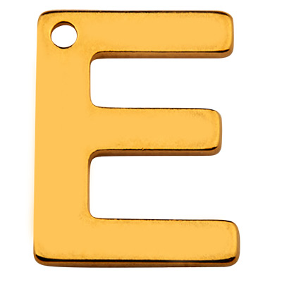 Stainless steel pendant, letter E, gold-coloured, 11 x 8 x 0.8mm, loop 1mm 