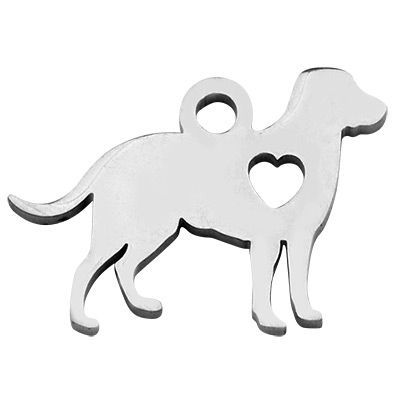 Stainless steel pendant, dog, silver-coloured, 11 x 15.5 x 1 mm, eyelet 1.5 mm 