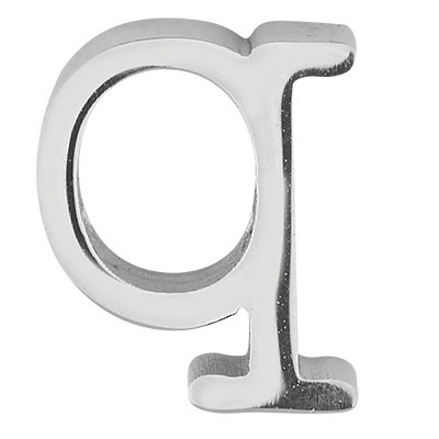 Letter: Q, roestvrijstalen kraal in de vorm van een letter, zilverkleurig, 12 x 10 x 3 mm, gatdiameter: 1,8 mm 
