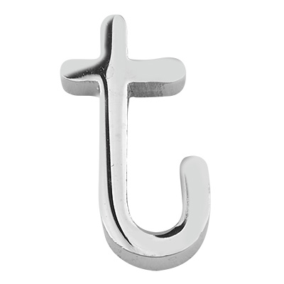 Lettre : T, perle en acier inoxydable en forme de lettre, argentée, 12,5 x 6 x 3 mm, diamètre du trou : 1,8 mm 