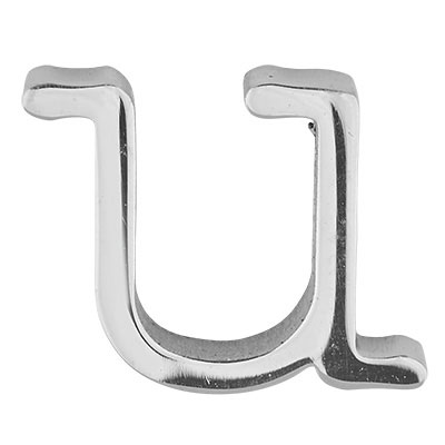 Letter: U, roestvrijstalen kraal in de vorm van een letter, zilverkleurig, 12 x 12 x 3 mm, gatdiameter: 1,8 mm 