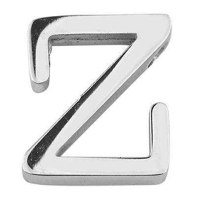 Letter: Z, roestvrijstalen kraal in de vorm van een letter, zilverkleurig, 12 x 10,5 x 3 mm, gatdiameter: 1,8 mm 