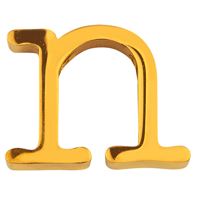 Brief: N, roestvrijstalen kraal in de vorm van een letter, goudkleurig, 12 x 16 x 3 mm, gatdiameter: 1,8 mm 