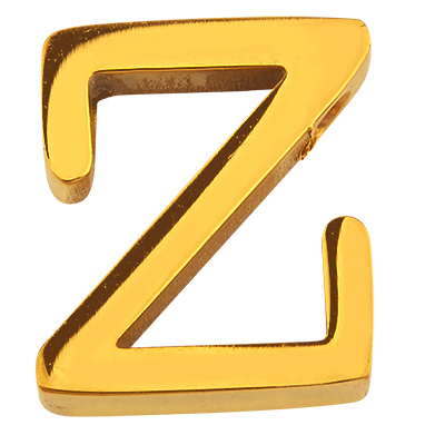 Letter: Z, roestvrijstalen kraal in de vorm van een letter, goudkleurig, 12 x 10,5 x 3 mm, gatdiameter: 1,8 mm 