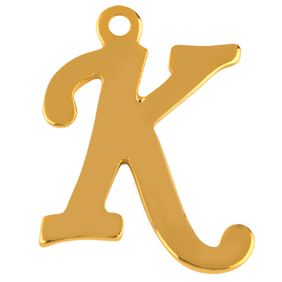 Letter: K, roestvrijstalen hanger in de vorm van een letter, goudkleurig, 15 x 12 x 1 mm, gatdiameter: 1 mm 