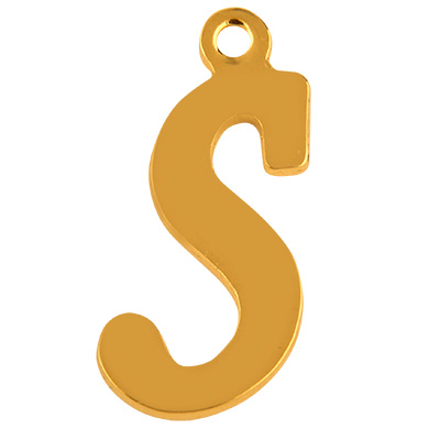 Letter: S, roestvrijstalen hanger in de vorm van een letter, goudkleurig, 15,5 x 6,5 x 1 mm, gatdiameter: 1 mm 