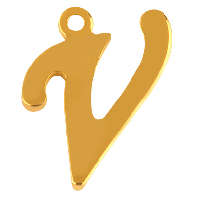 Letter: V, roestvrijstalen hanger in de vorm van een letter, goudkleurig, 14 x 11 x 1 mm, gatdiameter: 1 mm 