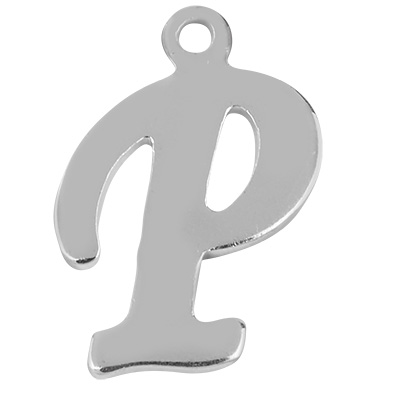 Letter: P, roestvrijstalen hanger in de vorm van een letter, zilverkleurig, 14,5 x 9,5 x 1 mm, gatdiameter: 1 mm 