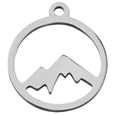 Stainless steel pendant, mountains, silver-coloured, 17 x 14.5 x 1 mm, loop: 1.5 mm 