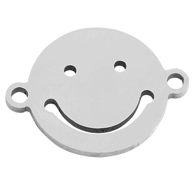 Stainless steel bracelet connector smiley, silver-coloured, 12.5 x 16.5 x 1 mm, eyelet: 1.5 mm 