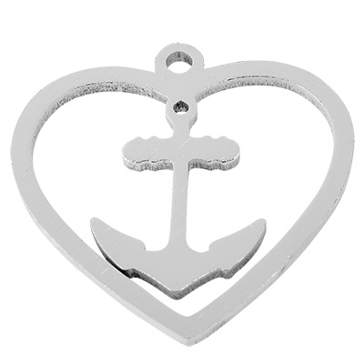 Stainless steel pendant, heart with anchor,silver coloured, 27,5x27,5x1,5 mm, loop: 2 mm 