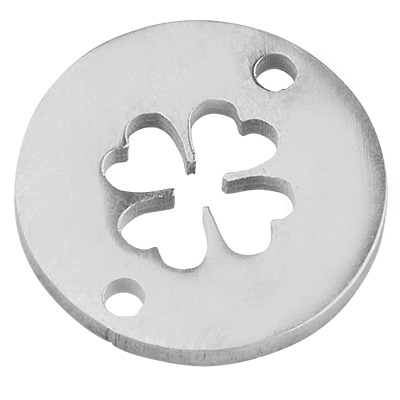 Roestvrij stalen armband connector, rond met klaverblad, zilverkleurig, 12x1 mm, oogje: 1,2 mm 
