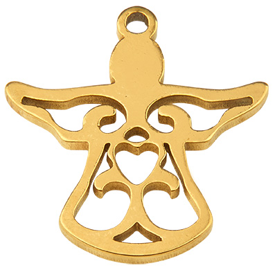 Stainless steel pendant angel, gold-coloured, 16x15x1 mm, loop: 1 mm 