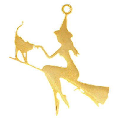 Halloween stainless steel pendant witch with cat, gold-coloured, 39.5x35x1 mm, loop: 2 mm 