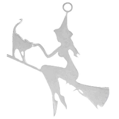 Halloween stainless steel pendant witch with cat, silver-coloured, 39.5x35x1 mm, loop: 2 mm 