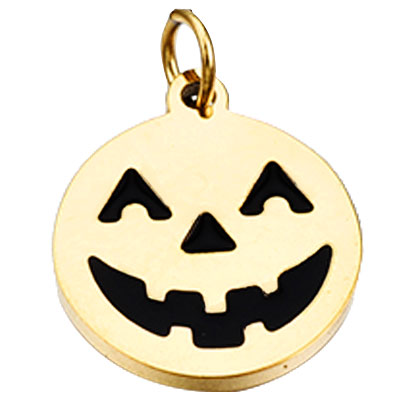 Halloween stainless steel enamel pendant pumpkin, with eyelet, gold-plated, 11.5x9.5x1 mm 