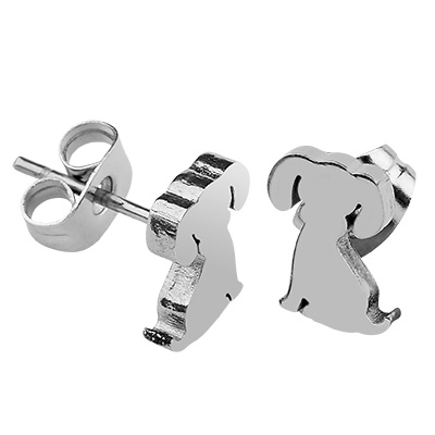 Stainless steel ear studs, dog, silver-coloured, 7x8 mm, pin: 0.8 mm, 1 pair 