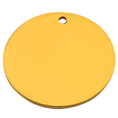 Stainless steel pendant, stamp blank, disc, gold-coloured, 20x1 mm, hole: 1 mm 