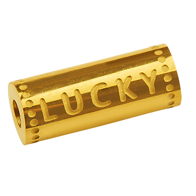 Stainless steel bead, cylinder with writing Lucky, Real 14K Gold Plated, 15x5 mm, hole: 1.8 mm 
