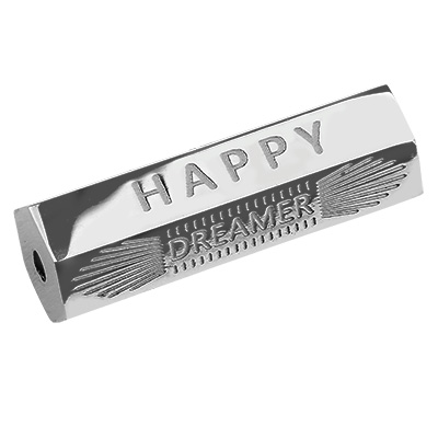 Stainless steel bead, with rhinestones, hexagon with "Happy & Dreamer" lettering, silver-coloured, 25.5x9x8 mm, hole: 1.5 mm 
