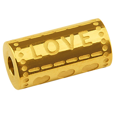 Stainless steel bead, cylinder with writing Love & Heart, Real 14K Gold Plated, 12x6 mm, hole: 1.8 mm 