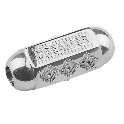 Stainless steel bead, with rhinestone, oval with writing Dreamer, silver-coloured, 15x6.5x6 mm, hole: 2.5 mm 