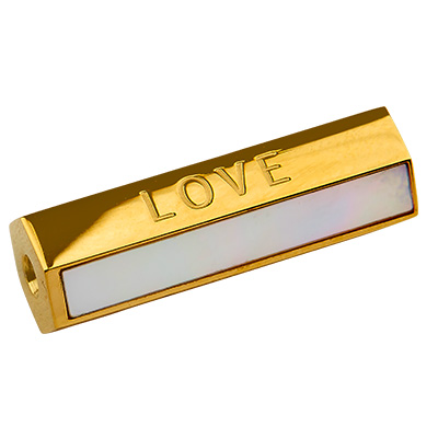 Stainless steel bead, with rhinestone, hexagon, with writing Love, gold plated, 25,5x9x8 mm, hole: 1,6 mm 