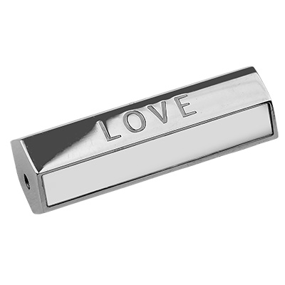 Stainless steel bead, with rhinestones, hexagon with Love lettering, silver-coloured, 25.5x9x8 mm, hole: 1.5 mm 