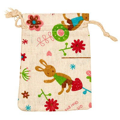 Gift bag with print flowers and rabbits, 14 x 10 cm, cotton 
