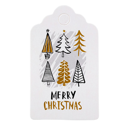 Étiquettes cadeaux pour Noël "Merry Christams" & arbres de Noël, blanc, 50x30x0,3 mm 