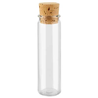 Glasflasche mit geradem Boden Länge 100 mm, Durchmesser 30 mm, Füllmenge 50 ml mit Naturkorken 